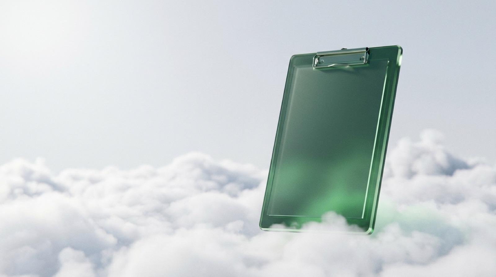 A clipboard of green glass with a blank sheet, standing above a cloudscape