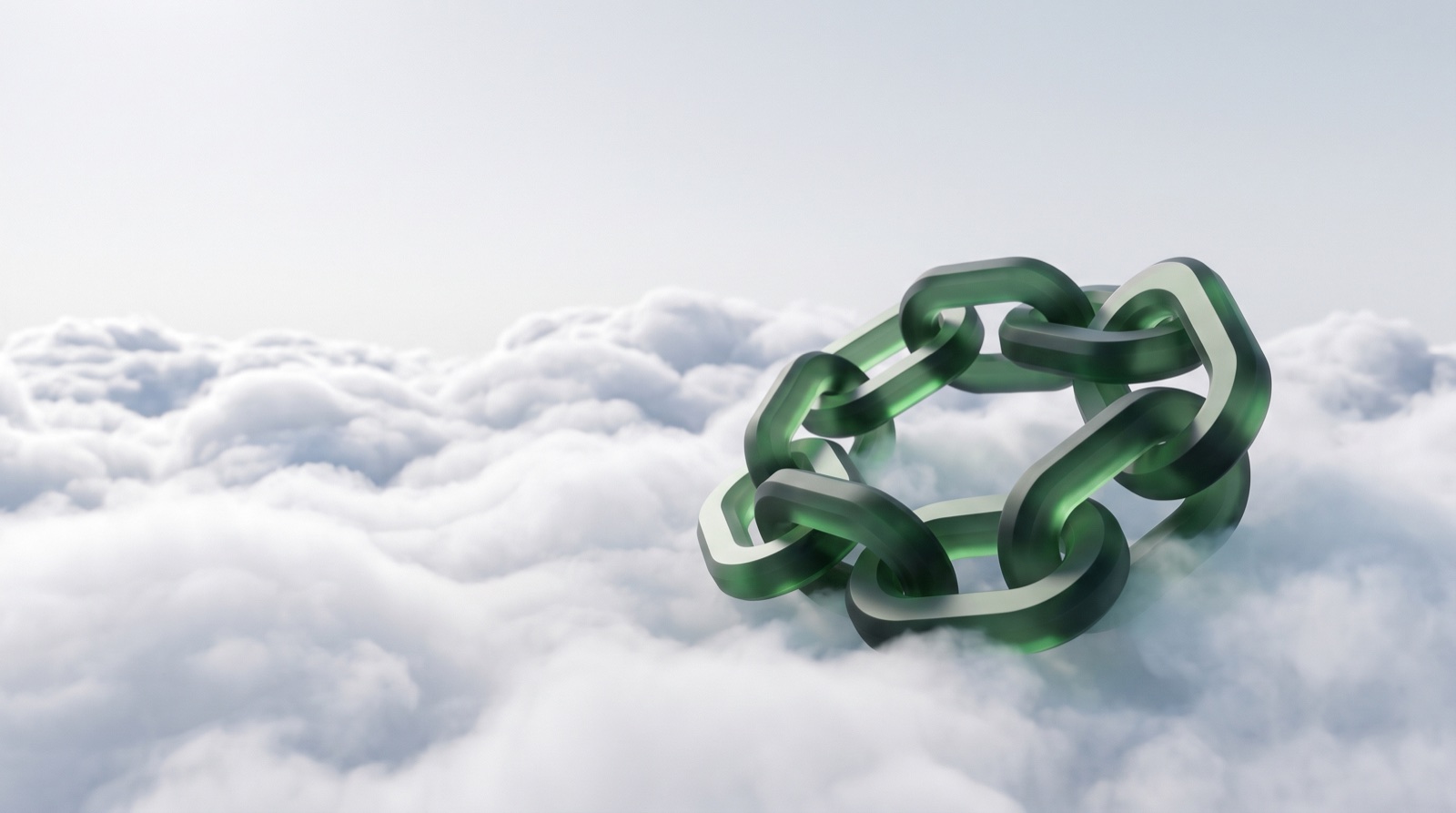 Four interlocking links of green glass resting on a cloudscape