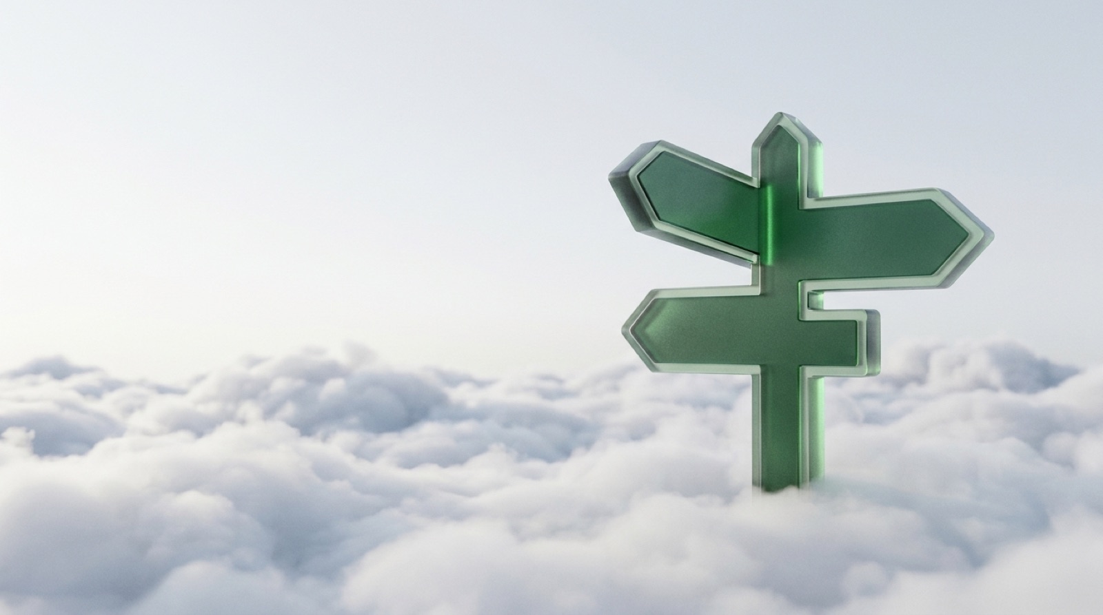 A signpost of green glass with three blank arms, above a cloudscape